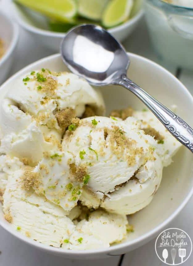 No churn key lime pie ice cream with graham cracker pieces and lime zest in a loaf pan, a summer dessert