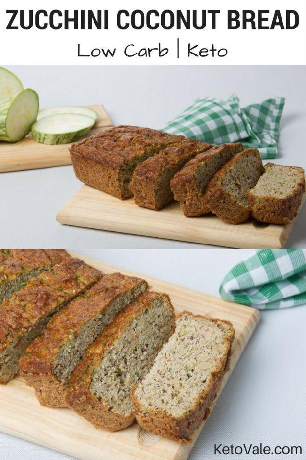Two panel keto zucchini coconut bread graphic with a sliced brown loaf, zucchini rounds and a checked cloth