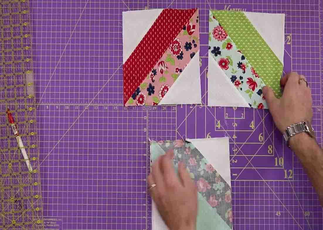 Laying the blocks together to make the fat quarter fancy quilt