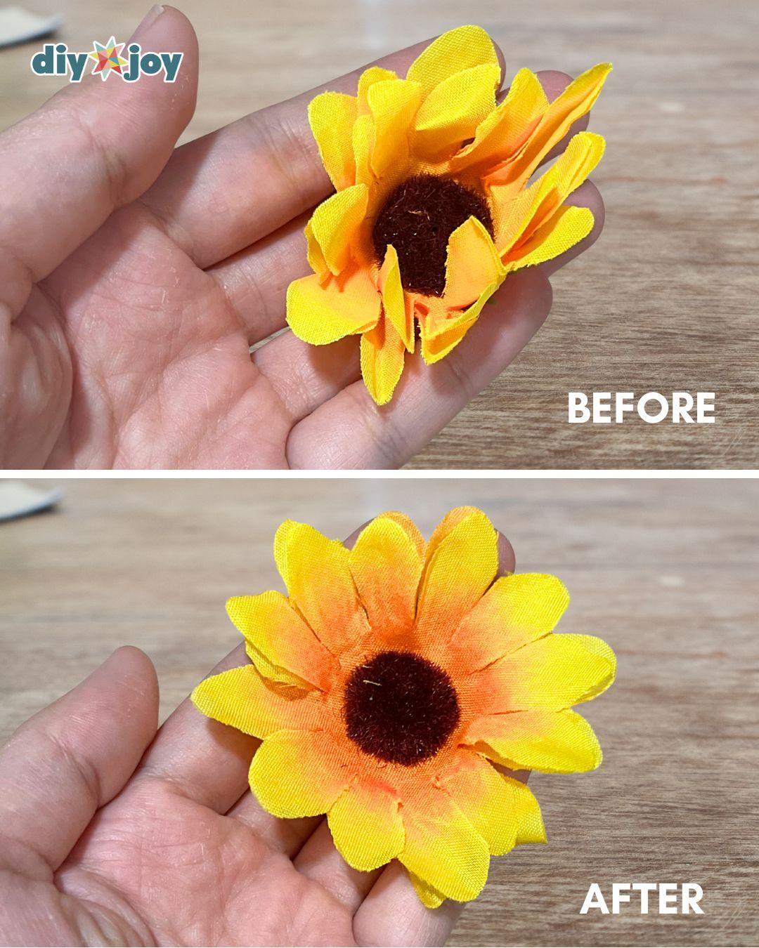 Homemade Couples Costume Sunflower And Gardener - how to fix folded fake flower petals by steaming and pressing them flat.