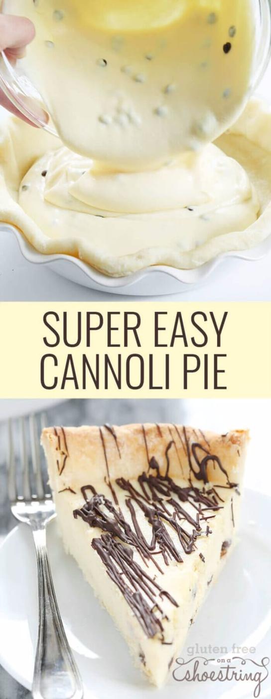 Gluten free cannoli pie with a creamy ricotta filling studded with mini chocolate chips in a round pan