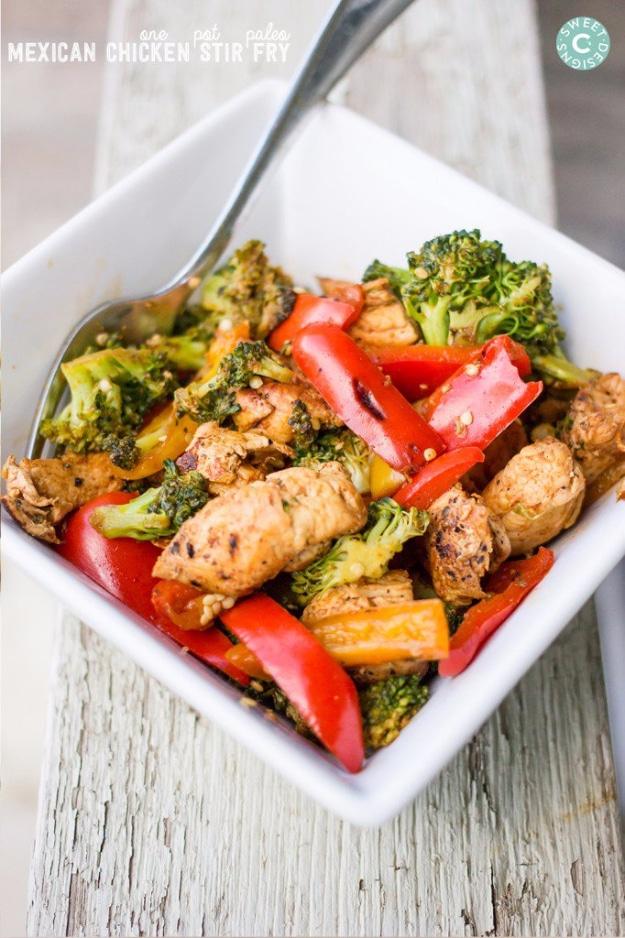 One pot paleo Mexican chicken stir fry with peppers and spices cooked in a single deep skillet for a fast gluten free dinner