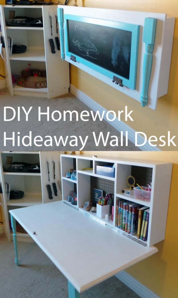 DIY kids homework hideaway wall desk graphic, a teal framed chalkboard cabinet shown closed above and folded open below