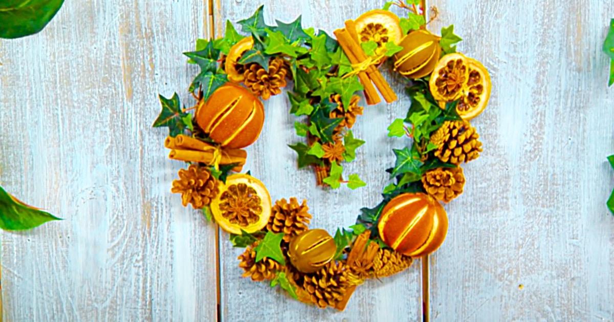 DIY Heart-Shaped Dried Citrus Fruit Wreath With Cinnamon Sticks