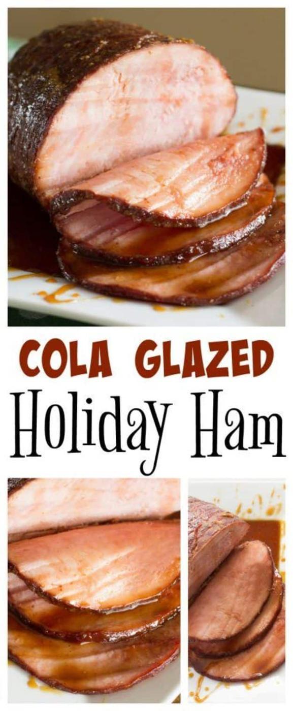 Coca Cola glazed ham sliced on a white platter with a dark burnished glaze and more slices arranged below
