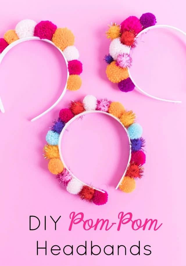Handmade fabric headbands sewn with pom pom trim, an easy beginner sewing project to make and sell in sets
