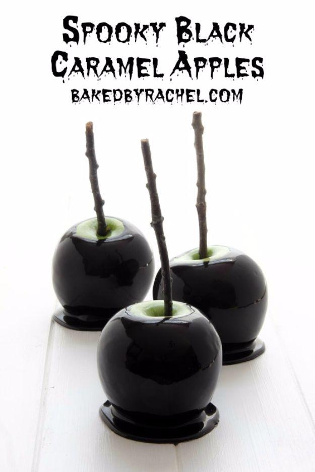 Party recipe idea, kid-friendly spooky serving and savory or sweet party dish, showing spooky black caramel apples