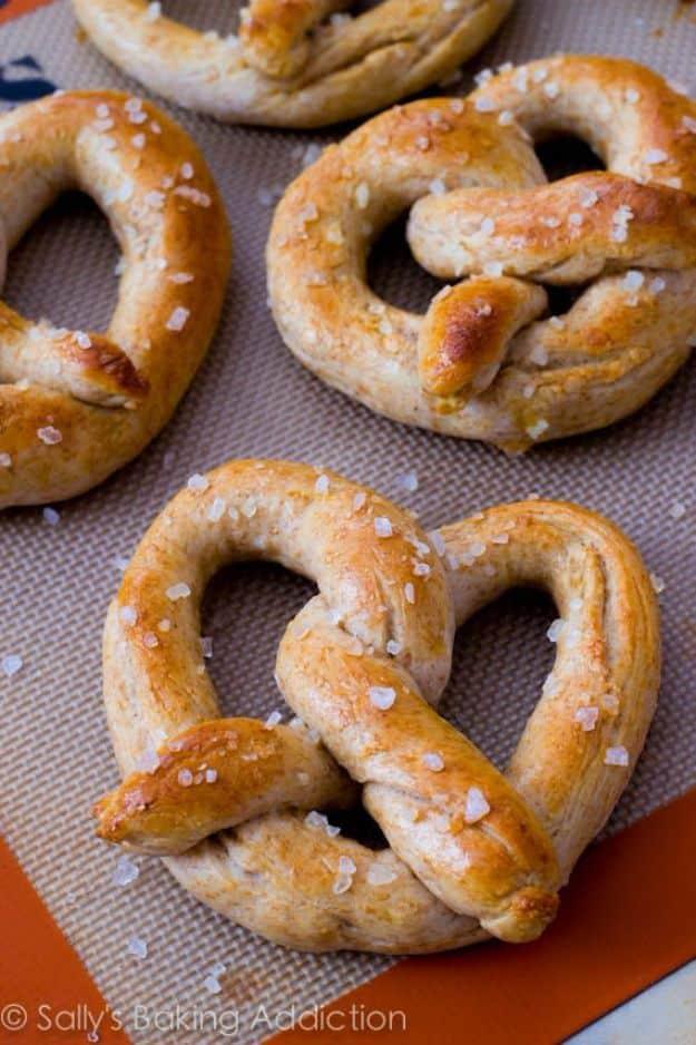 Thirty minute homemade soft pretzels twisted and baked deep brown with coarse salt crystals over the top
