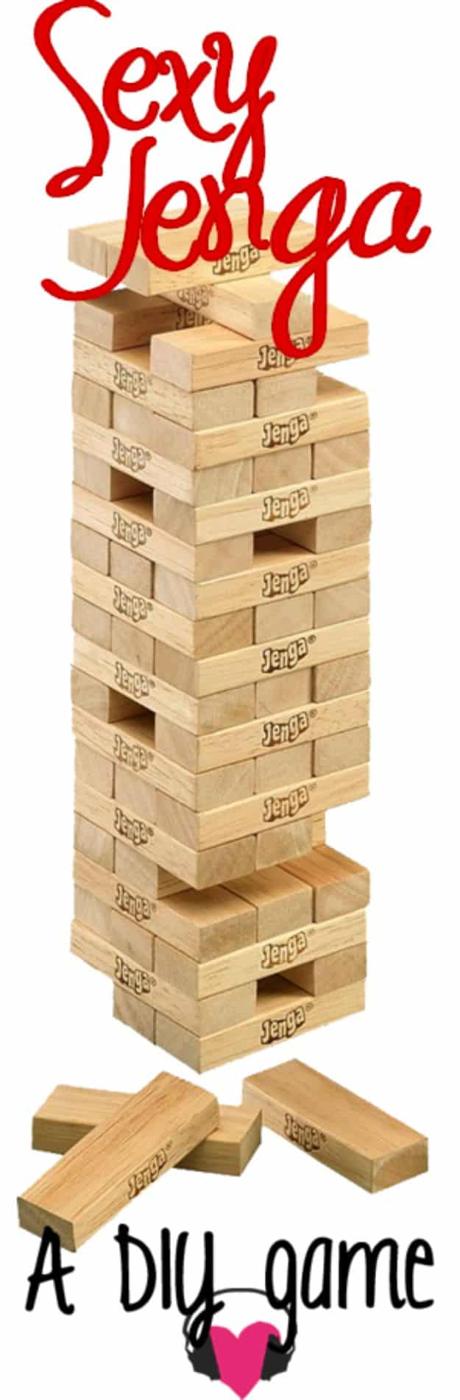 Sexy Jenga Valentine game for couples, a wooden tumble tower with prompts handwritten on every block