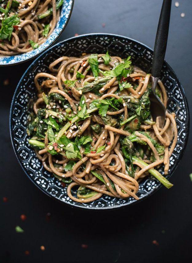 Broccoli rabe peanut soba noodles for two, sauteed bitter greens tossed through a spicy peanut sauce