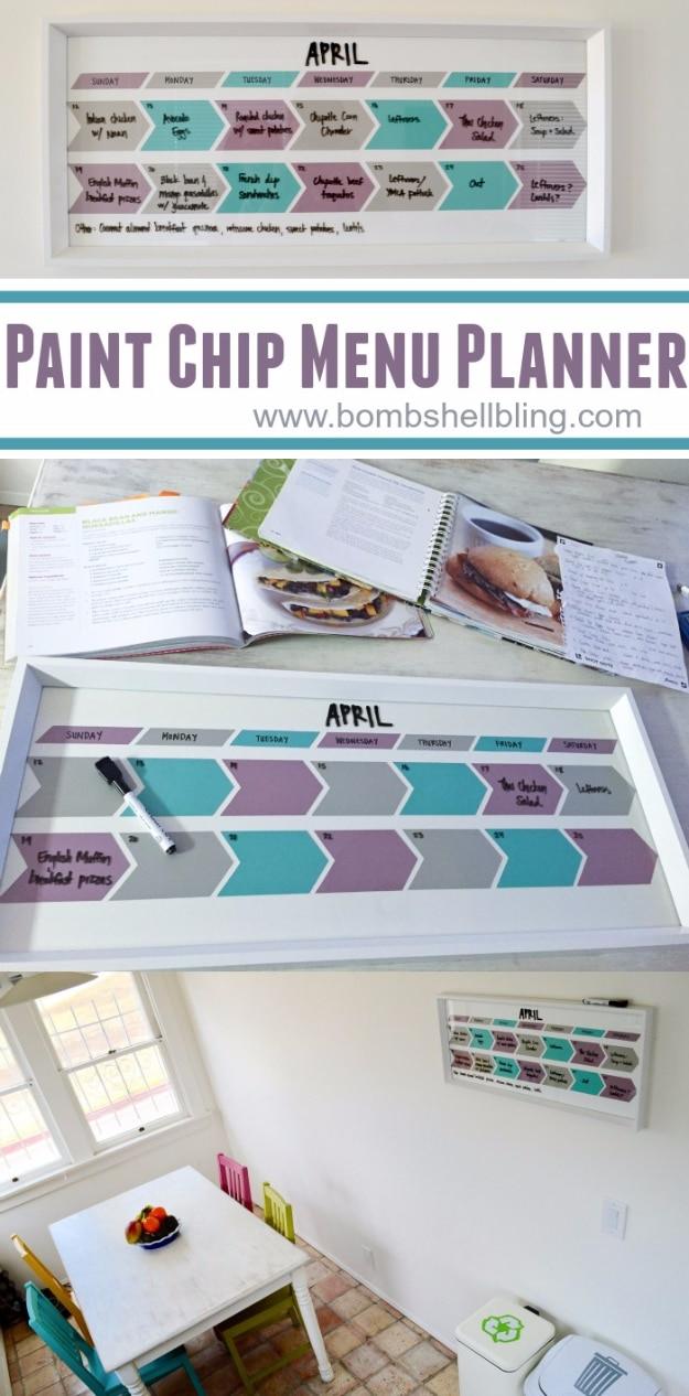 Paint Chip Menu Planner, a colorful upcycled craft, budget friendly using stuff already sitting in a bin