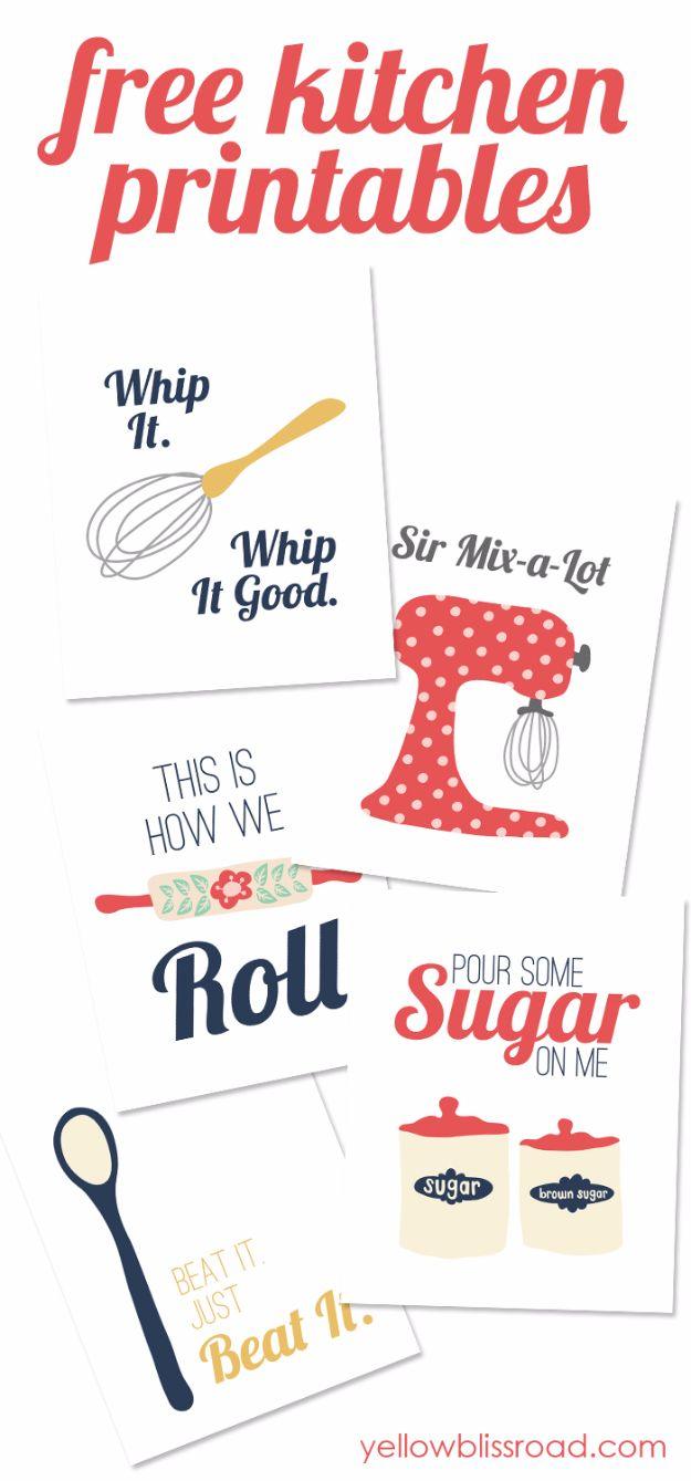 Free kitchen printables, a stack of red and cream kitchen quote prints with whisk, stand mixer, rolling pin and sugar