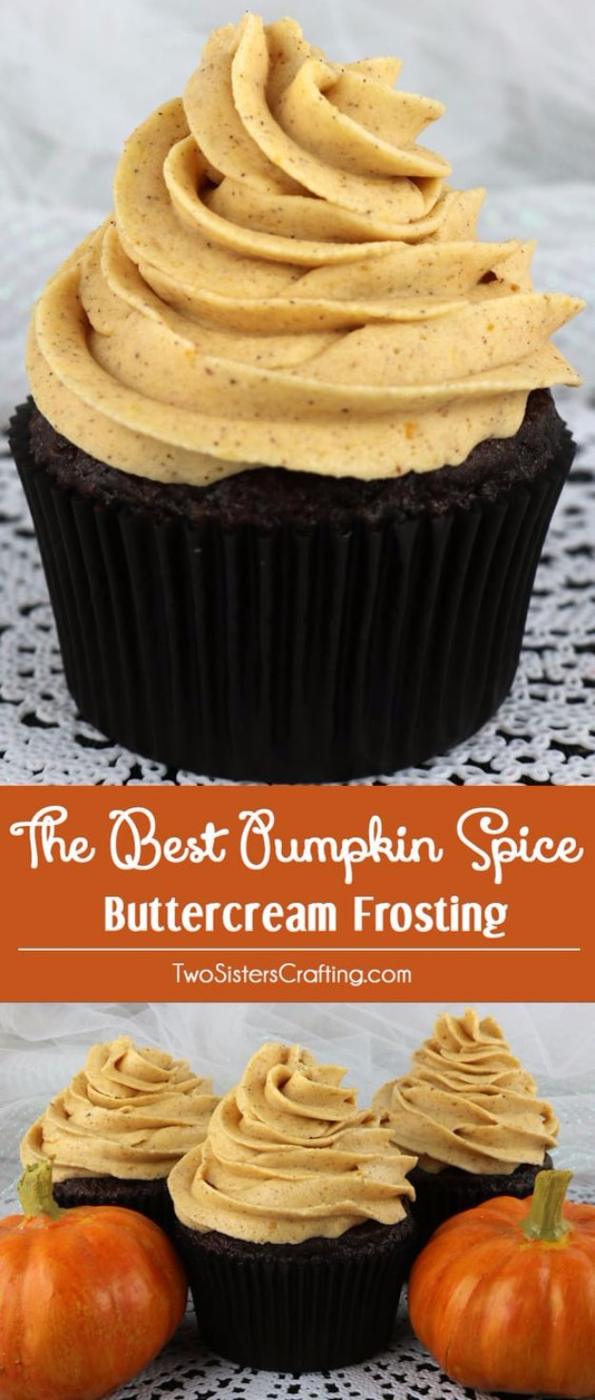Two panel typeset graphic titled The Best Pumpkin Spice Buttercream Frosting, cupcakes with tall piped swirls