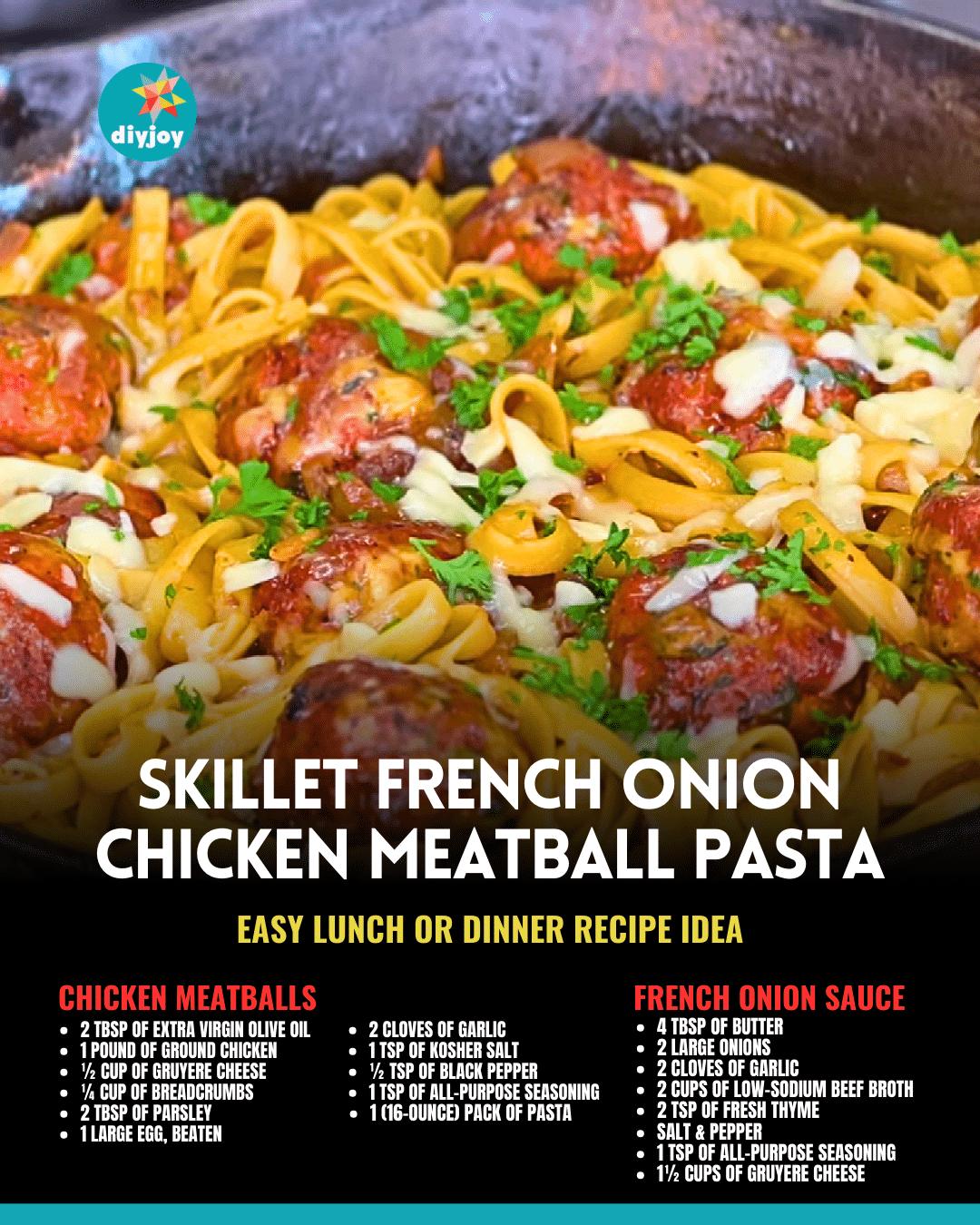 Easy Skillet French Onion Chicken Meatball Pasta Recipe