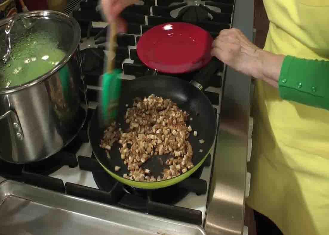 Sauteing the onion, garlic, and mushrooms for the cabbage rolls filling