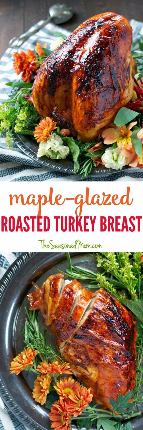Maple glazed roasted turkey breast in a two panel graphic, deep brown glaze, greens and orange flowers on the platter