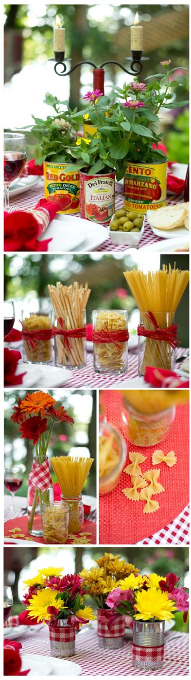 Four panel collage of Italian dinner centerpieces with sauce can planters, pasta jars and gingham tins