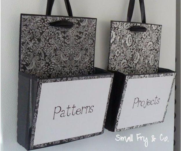 Cardboard craft hanging file boxes covered in black and white damask paper with white fronts labelled Patterns and Projects