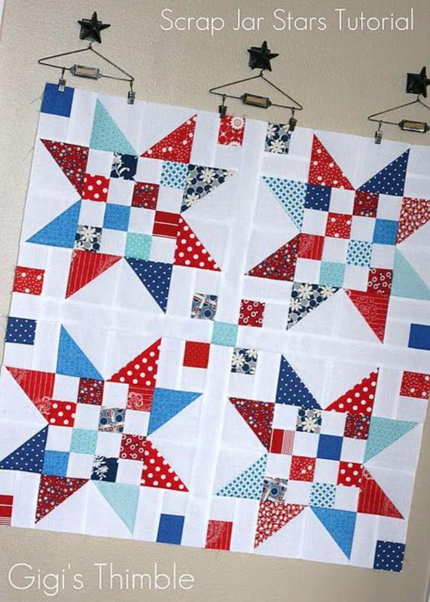 Quilting scraps star blocks in red white and blue prints, four scrap jar star quilt blocks pinned on a wall