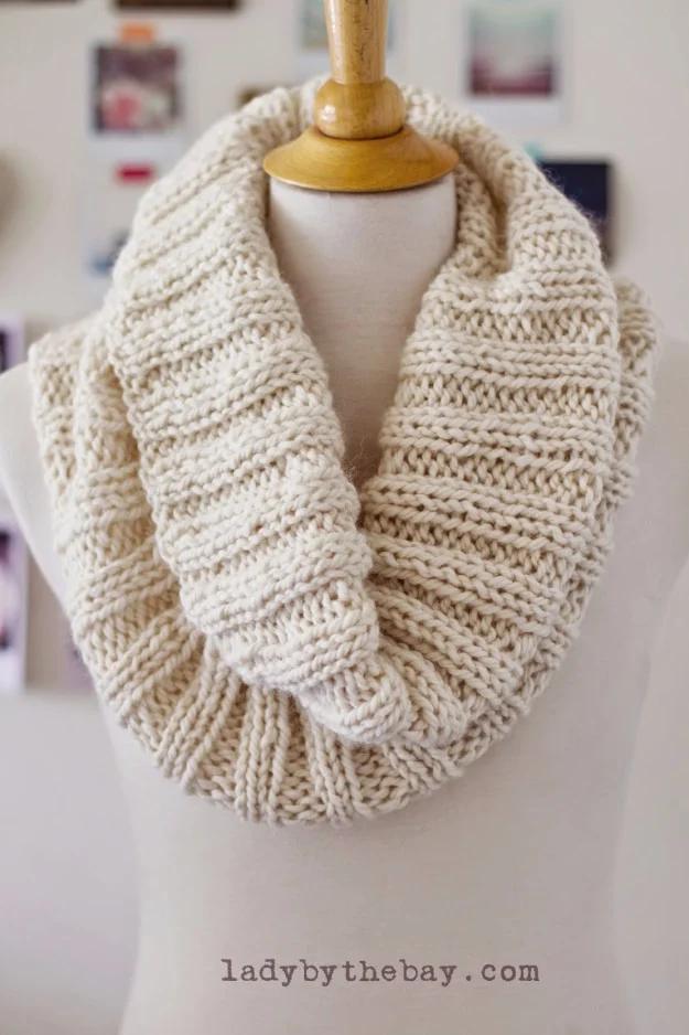 An elegant cowl neck scarf knit ribbed and cozy for chilly weather handmade gift giving for the whole family