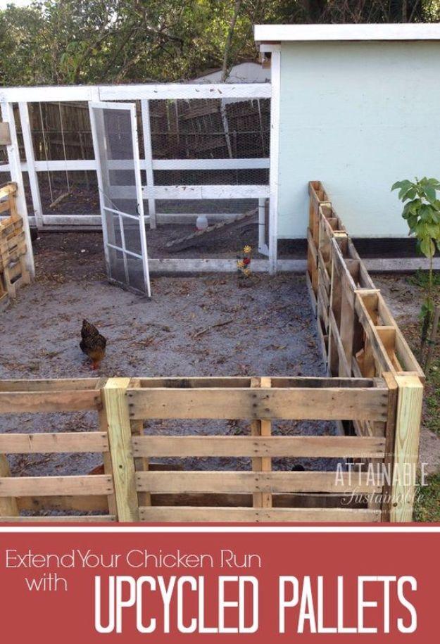 Pallet chicken fence, a run extended with upcycled wooden pallets beside a pale green coop with a hen in the yard