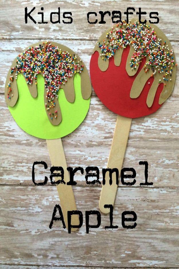 Pin graphic reading Kids Crafts Caramel Apple, two paper caramel apples on craft sticks topped with sprinkles