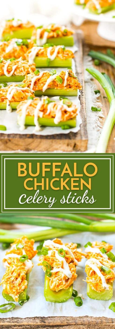 Buffalo chicken celery sticks filled with shredded chicken in buffalo sauce and topped with green onion