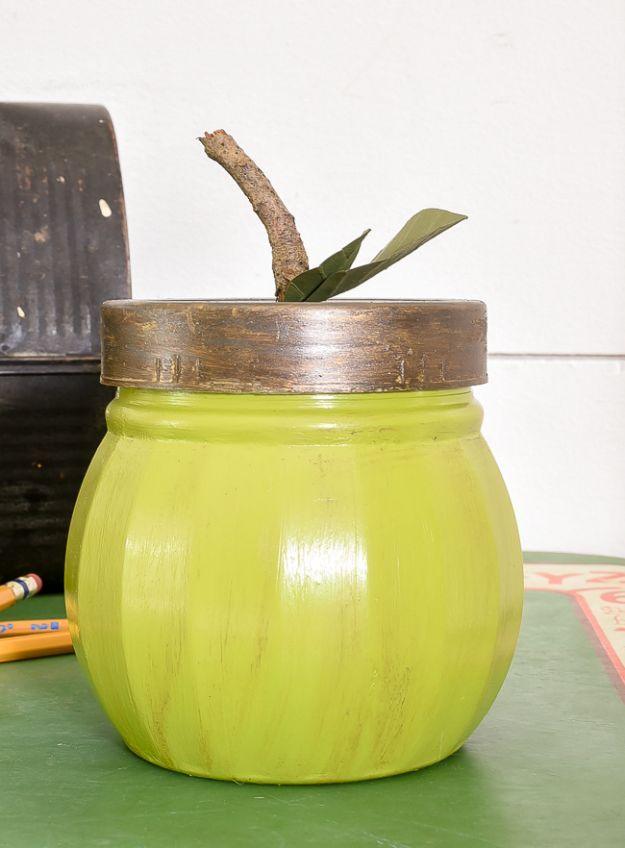 Handmade apple project, paper or fabric craft inspiration featuring the finished green apples from Dollar Tree jars