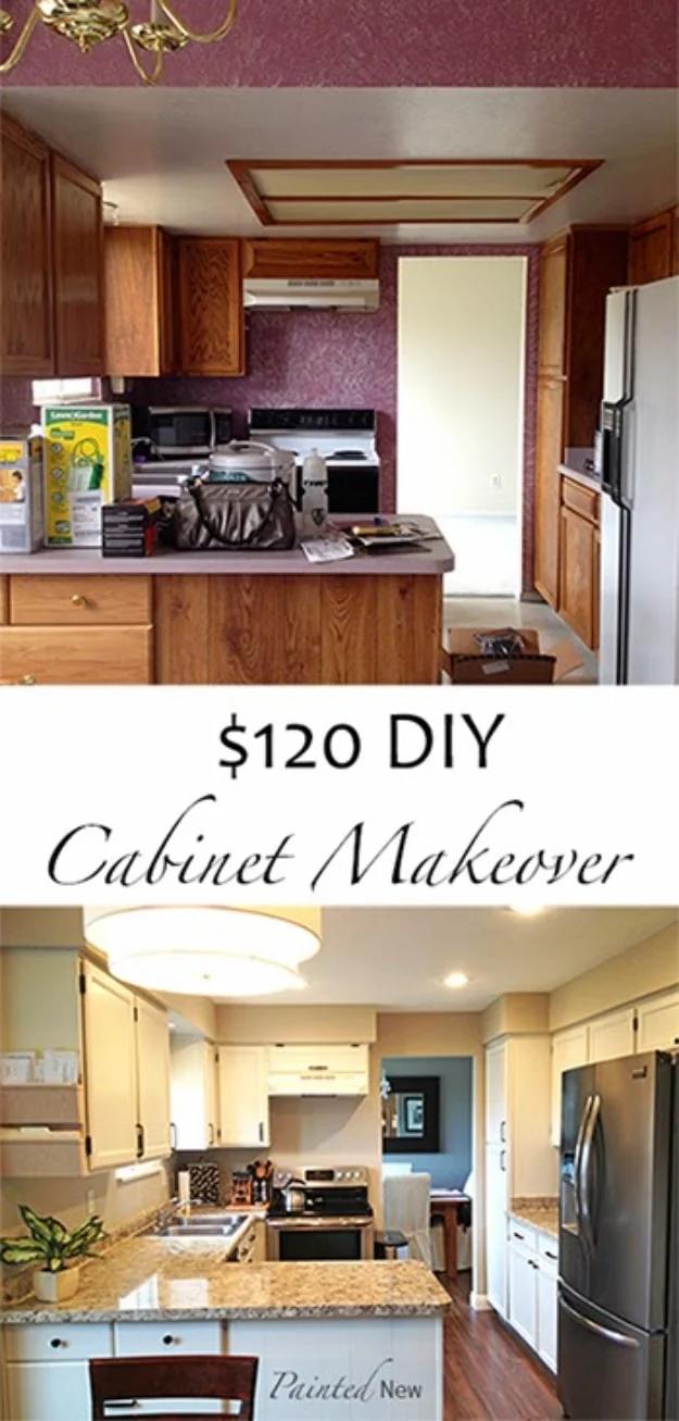 Before and after of a kitchen with oak cabinets and a maroon wall, then cream cabinets, granite counters and a drum light