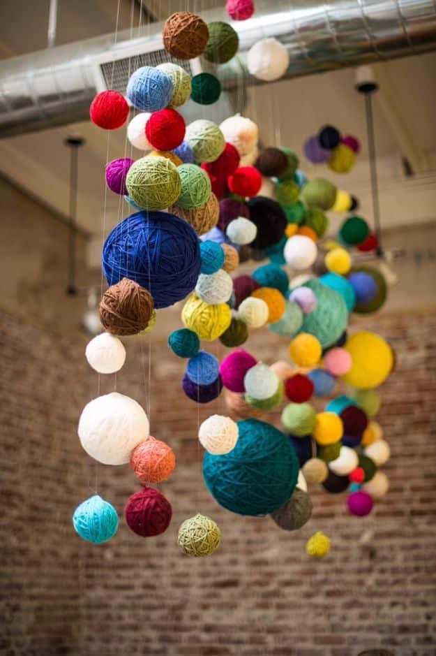 Yarn Ball Chandelier, a handmade project perfect for a cold evening and a creative way to add texture with yarn