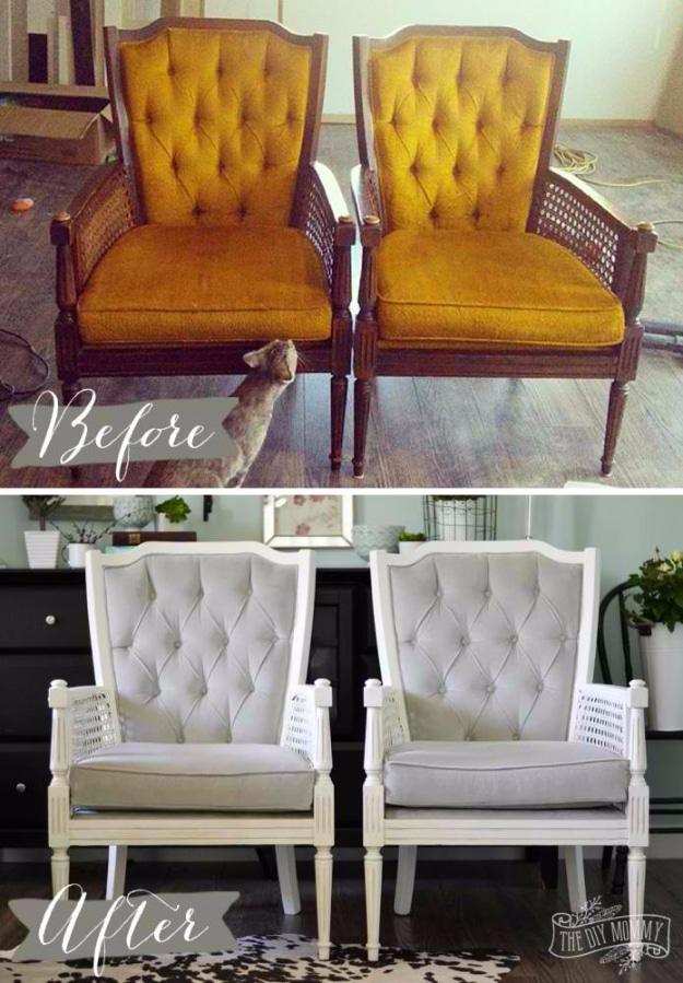 Vintage Cane Chair Pair Makeover in Gray Velvet, budget friendly with supplies on hand and a nice change of pace