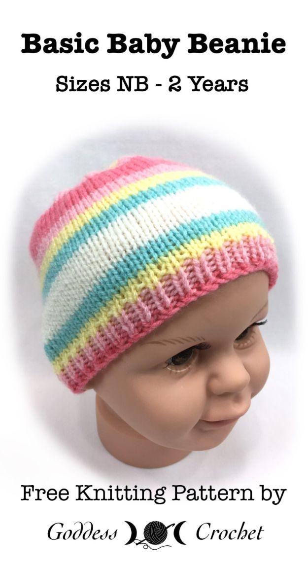 Striped pink, yellow and blue knitted baby beanie on a doll head, between typeset title and designer lettering