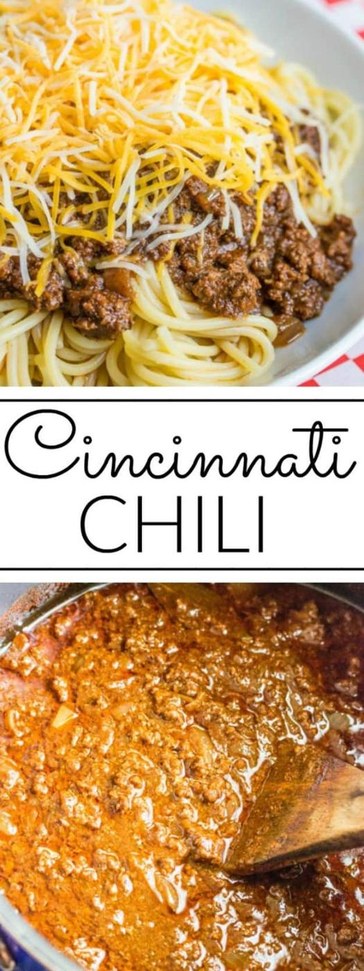 Cincinnati chili ladled over spaghetti and topped with shredded sharp cheddar, diced onion and beans