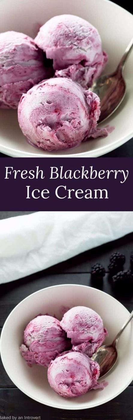 Scoops of deep purple blackberry ice cream in two white bowls with fresh blackberries scattered beside