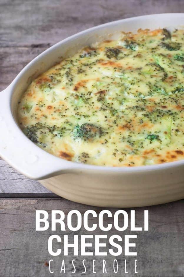 Broccoli cheese casserole baked golden in a dish, set like a custard with florets throughout the cheese