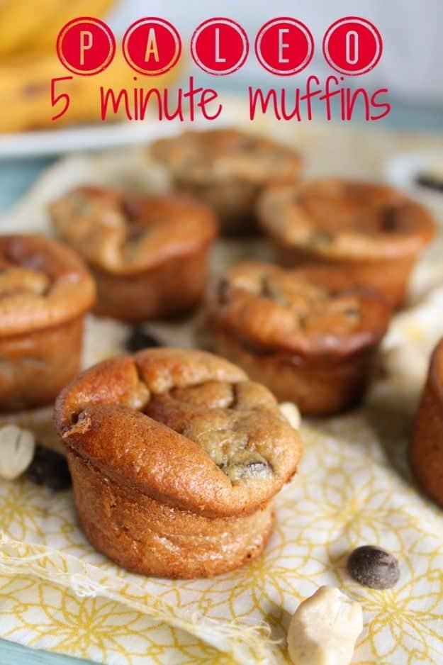 Warm five minute muffins made with nut butter and ripe banana, an easy grain free high protein snack