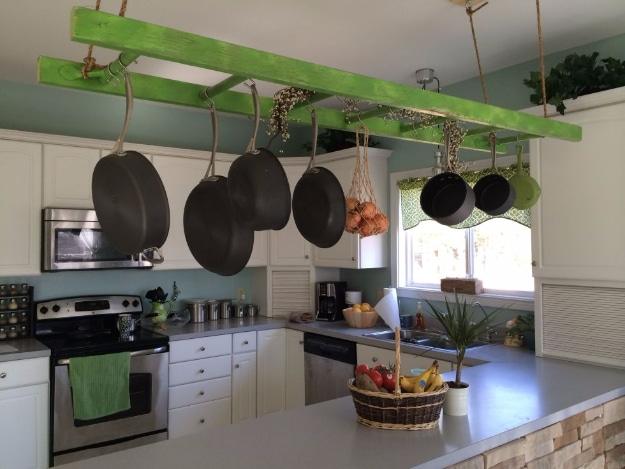 Hanging Ladder Pot Rack, budget friendly using stuff most people already own and the tip that gets shared the moment it works