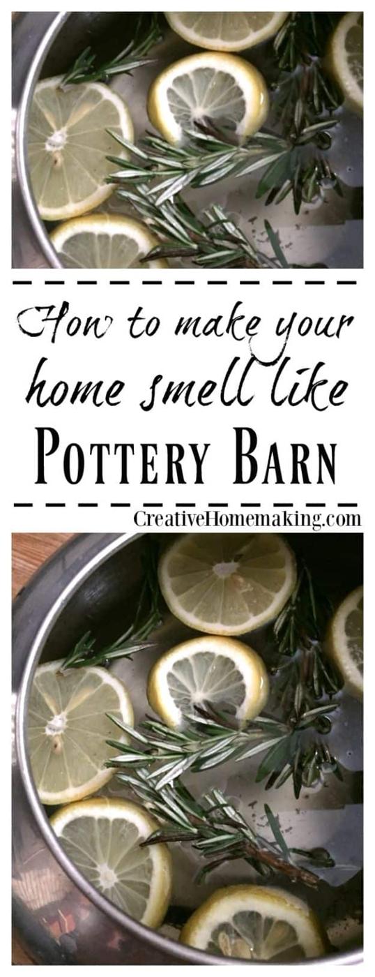 Saucepan of lemon slices and rosemary simmering in water under a typeset how to smell like Pottery Barn label