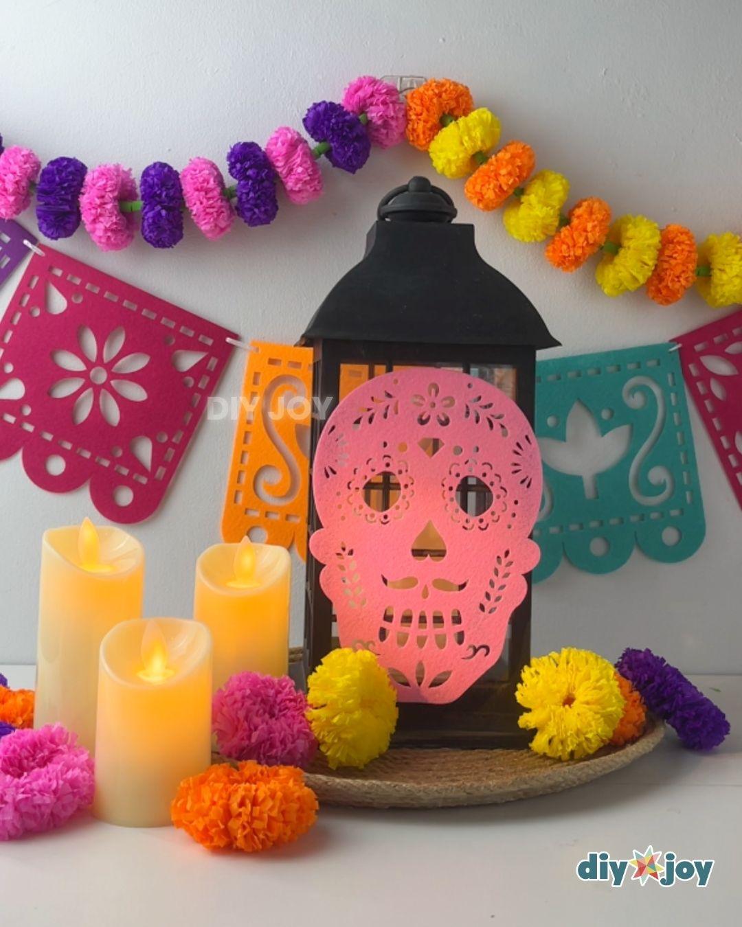 Easy Marigold Garland Using Crepe Paper Streamers - marigold for the day of the dead