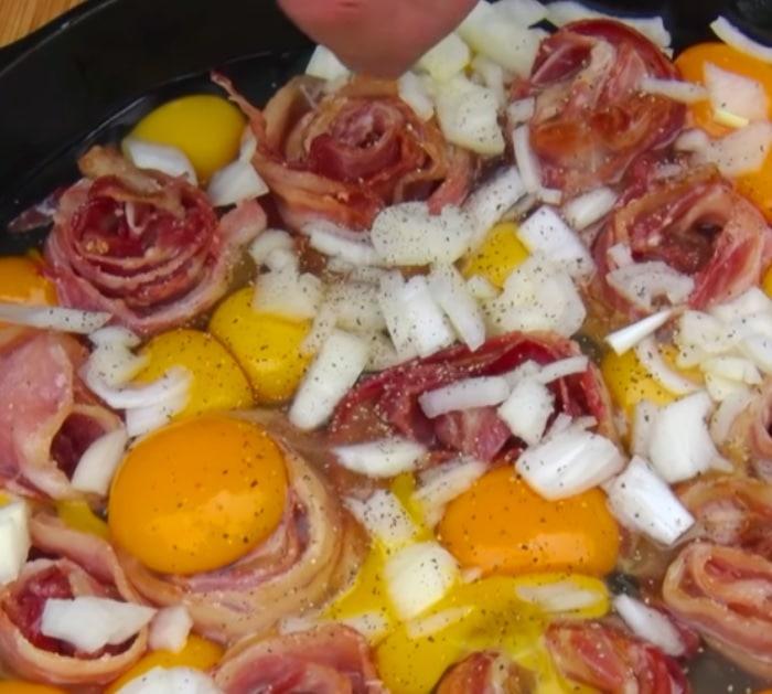 Make Bacon and Eggs Skillet Pie either on the pit or in the oven