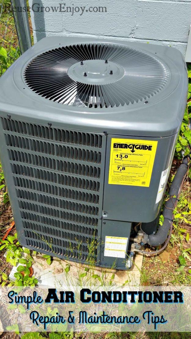 Simple air conditioner repair, a grey outdoor condenser unit against a block wall with weeds growing around it