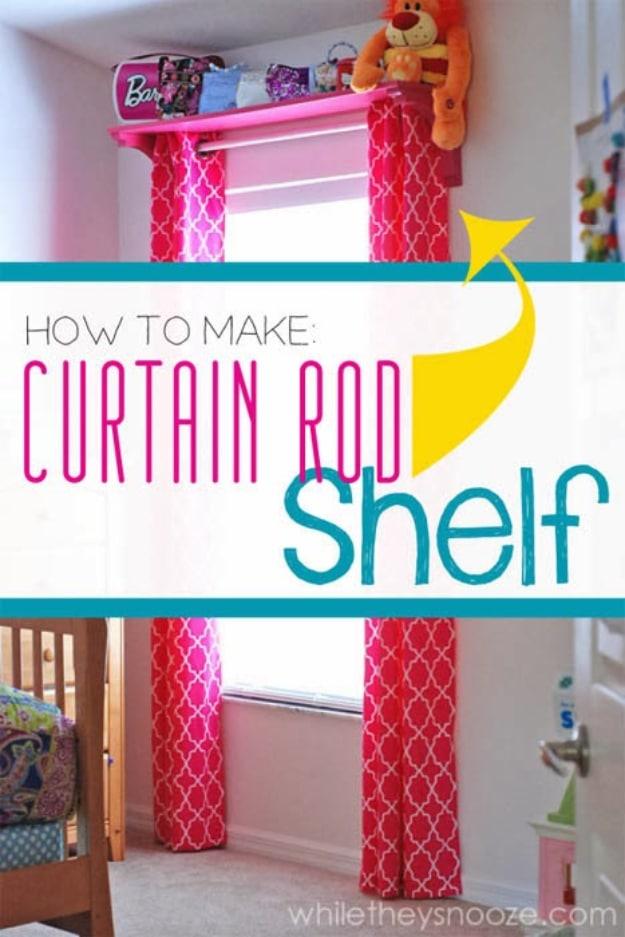 Curtain rod shelf graphic, a pink shelf above bright patterned curtains in a kids room with toys stored on top