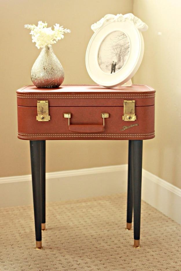 DIY Vintage Suitcase Table, one of the best upcycled furniture ideas on this list and an idea worth saving for later