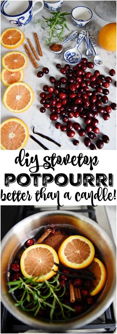 Overhead of oranges, cranberries, cinnamon and rosemary beside a simmering pot, under a stovetop potpourri label