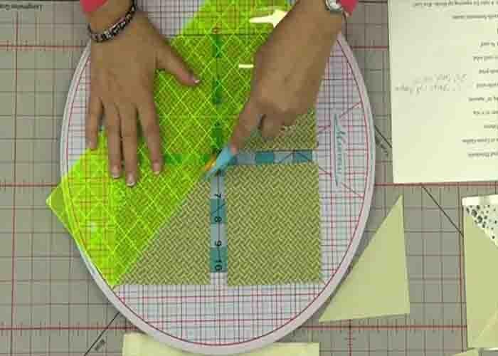 Subcutting the squares to make the pinwheel quilt units