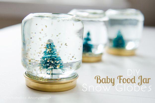 DIY Snow Globe Ideas - Baby Food Jar Snow Globes - Easy Ideas To Make Snow Globes With Kids - Mason Jar, Picture, Ornament, Waterless Christmas Crafts - Cheap DYI Holiday Gift Idea