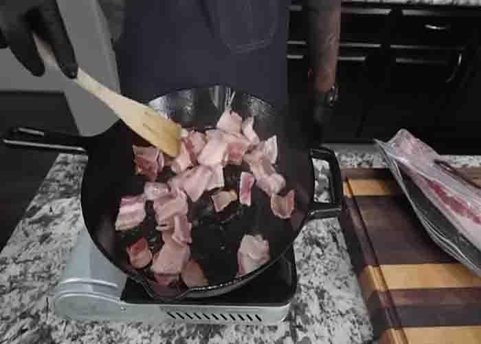 Cooking the bacon for the bbq green beans recipe