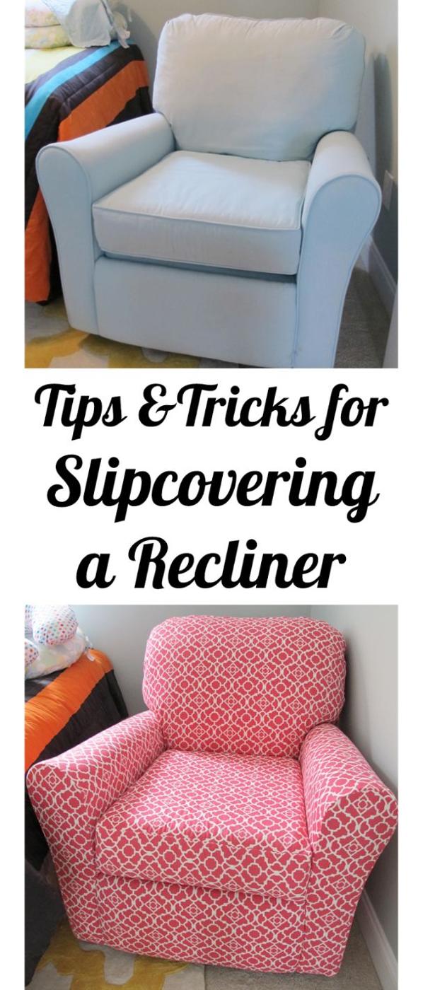 Slipcovering a recliner graphic with a blue recliner before and the same chair after in a pink patterned cover