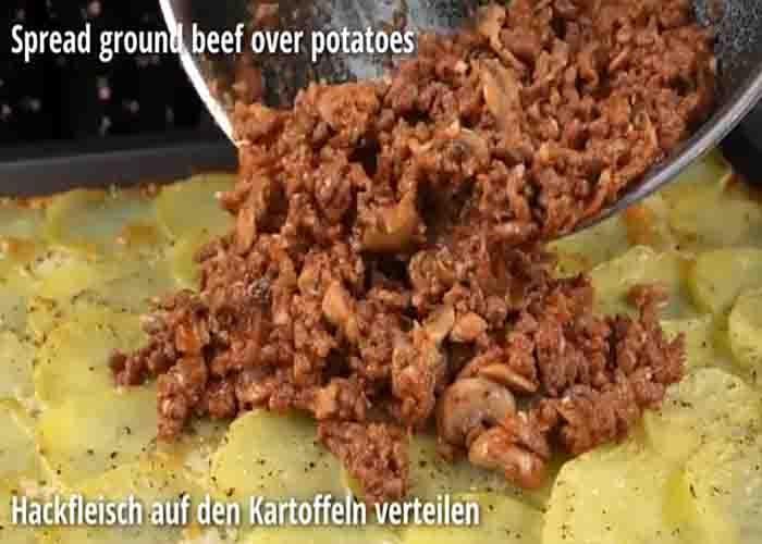 Assembling the ground beef and mushroom casserole