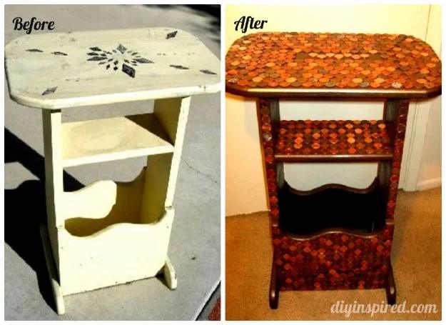 Before and after penny table, a cream thrift store table left and the same table topped in copper coins right